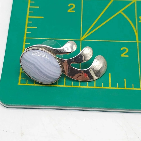 Vintage Sterling Silver Blue Lace Agate Feather Earrings RHG Modernist Design - Picture 5 of 6